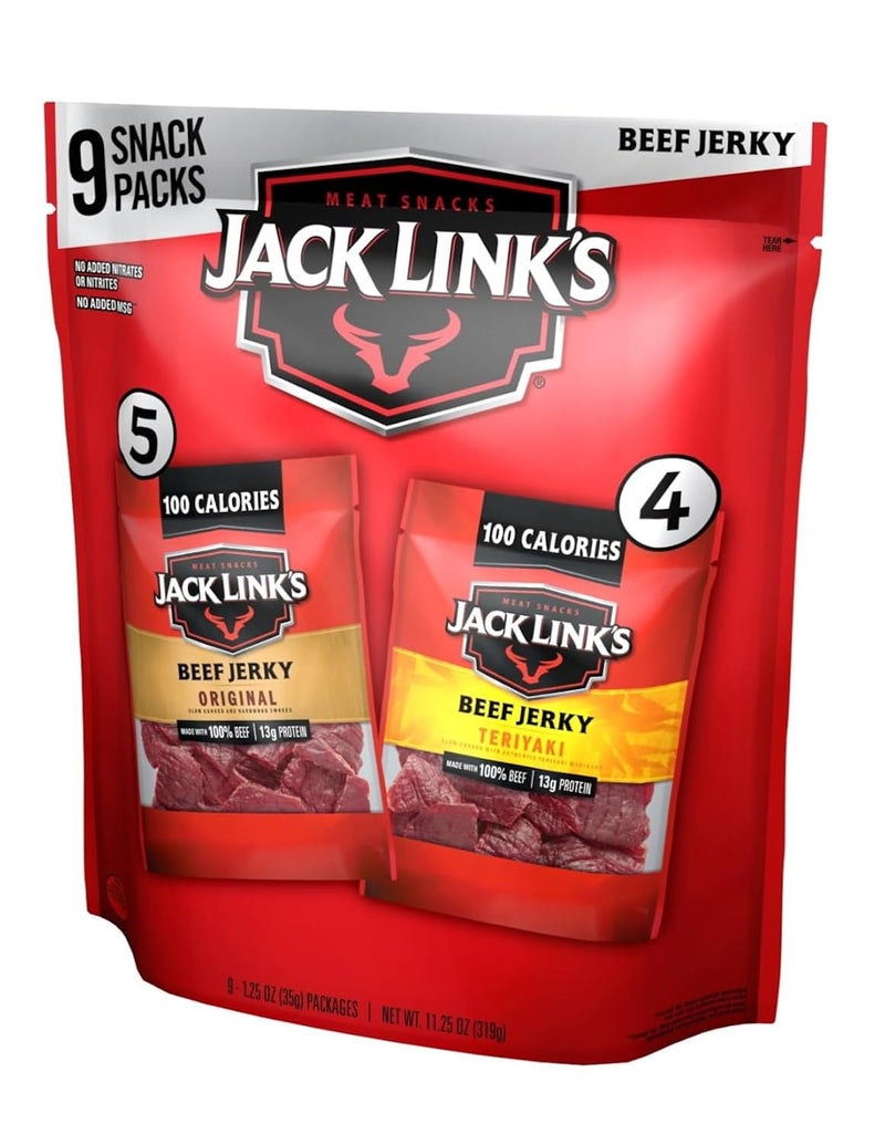 Jack Link's Beef Jerky Variety Pack - Includes Original and Teriyaki Jerky, Bulk Protein Snack Pack, Good Source of Protein, Meat Snacks Made with 100% Beef, Individual Bags - 1.25 Oz (Pack of 9) - Image 1